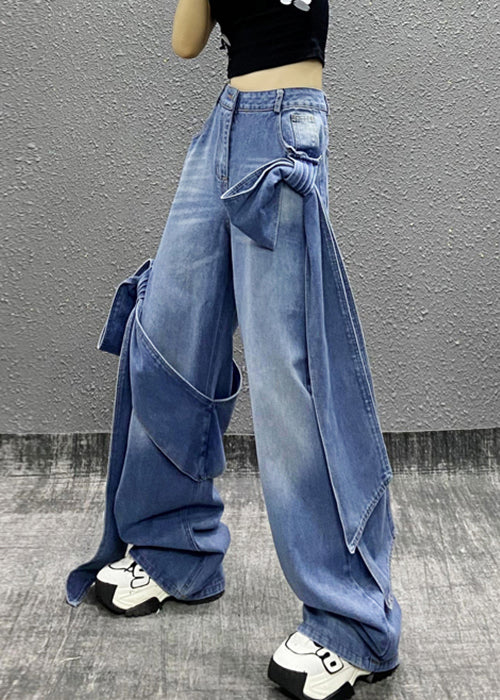 Chic Blue Bow Pockets High Waist Denim Pants Summer