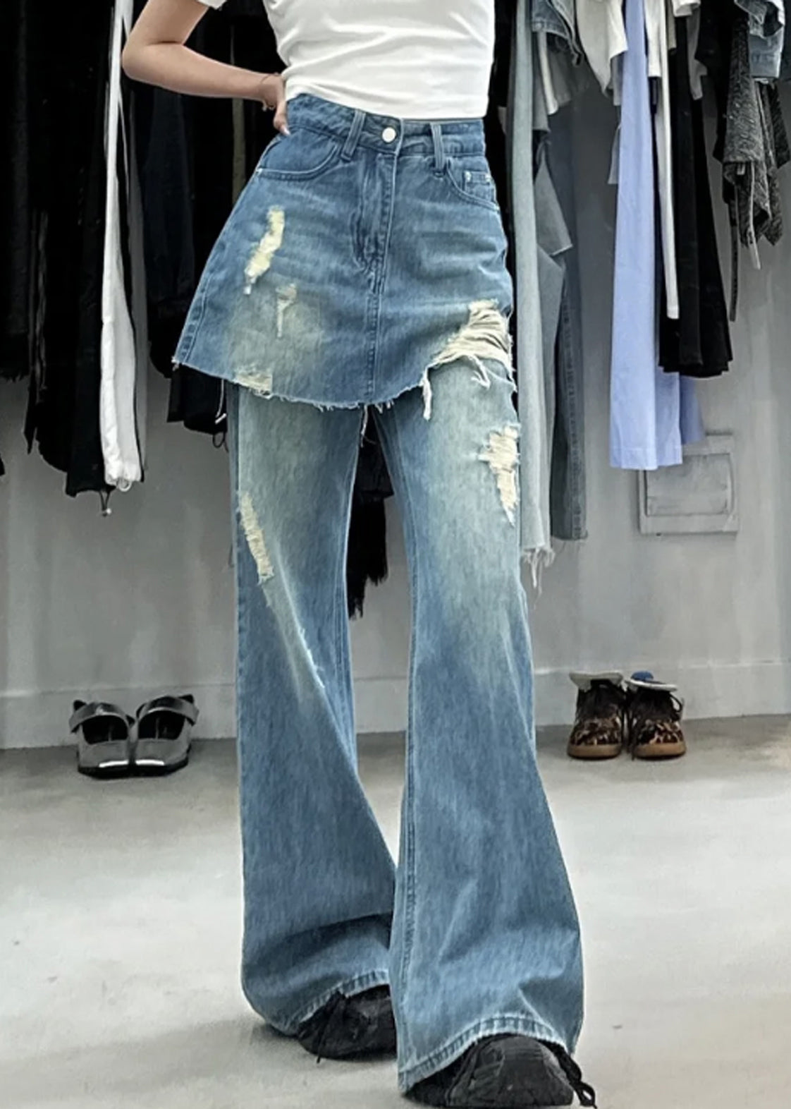 Chic Blue False Two Pieces High Waist Denim Pants Summer