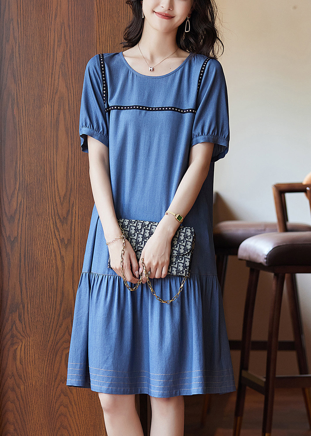 Chic Blue Patchwork Rivet Holiday Long Dress Summer