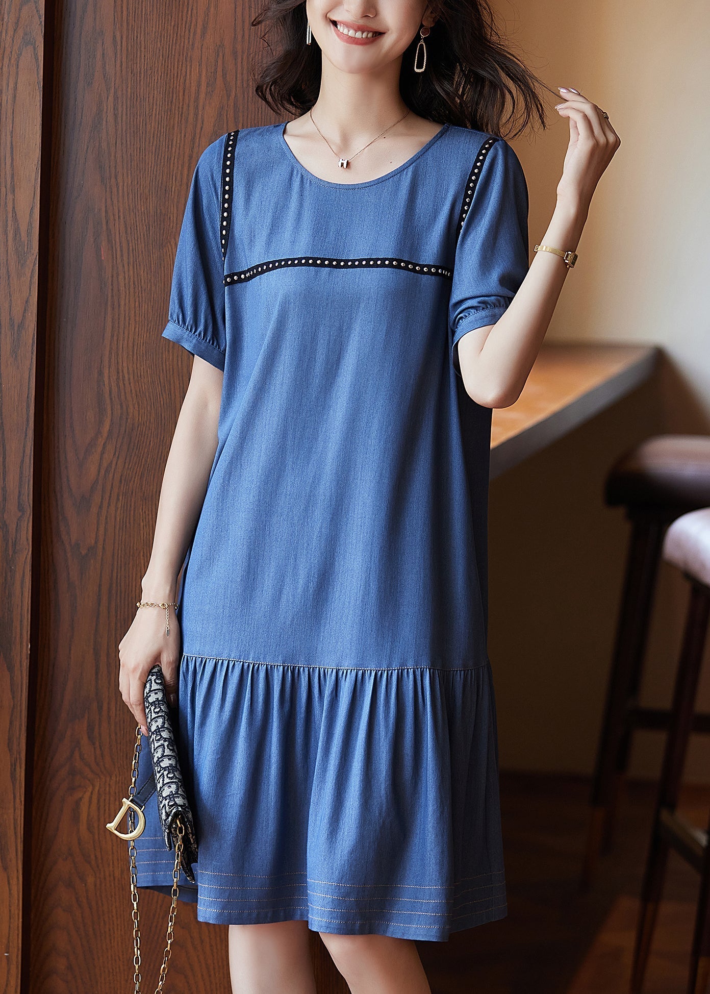 Chic Blue Patchwork Rivet Holiday Long Dress Summer