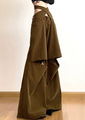 Chic Brown Hollow Out Pockets Cotton Wide Leg Pants Fall