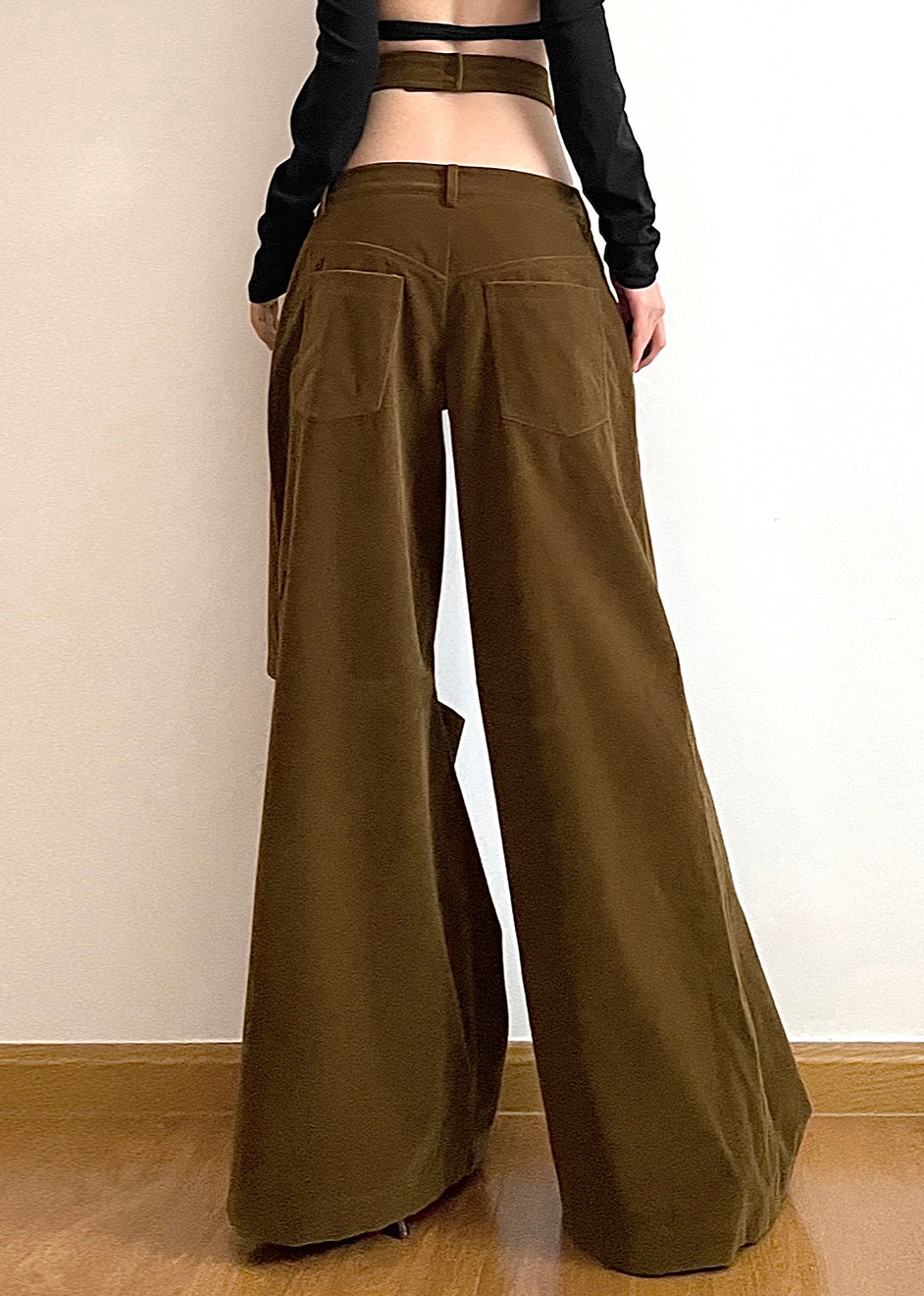 Chic Brown Hollow Out Pockets Cotton Wide Leg Pants Fall