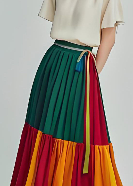 Chic Green Exra Large Hem Patchwork Cotton Pleated Skirts Summer