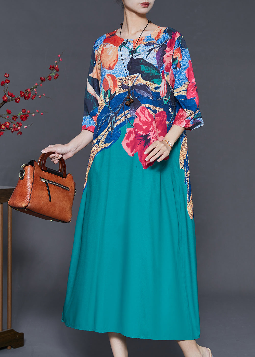 Chic Green Oversized Print Silk Maxi Dresses Summer