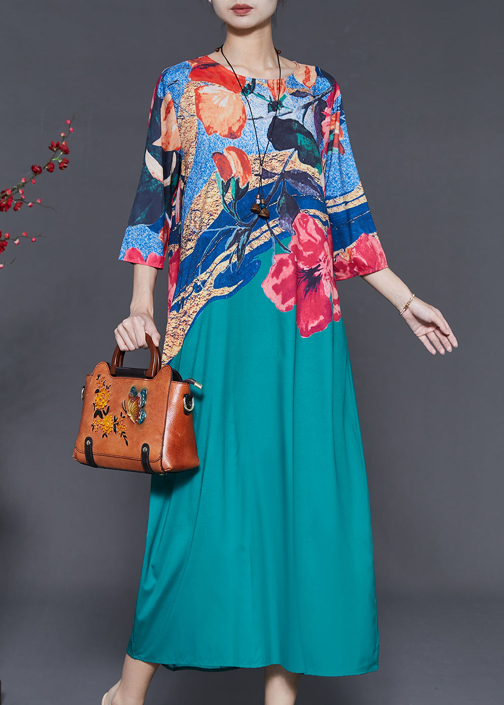 Chic Green Oversized Print Silk Maxi Dresses Summer