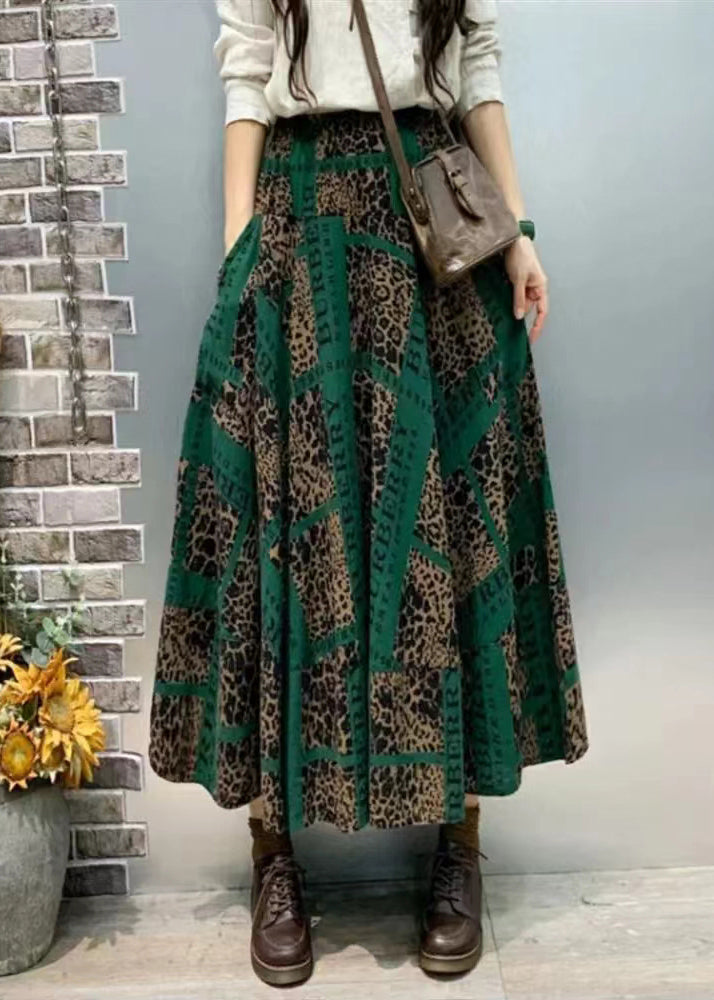 Chic Green Print Pockets Cotton Skirt Fall