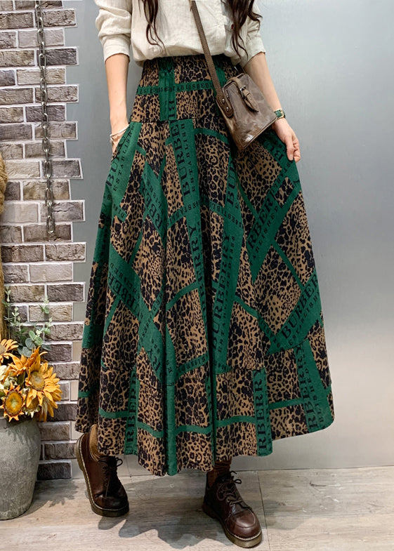 Chic Green Print Pockets Cotton Skirt Fall