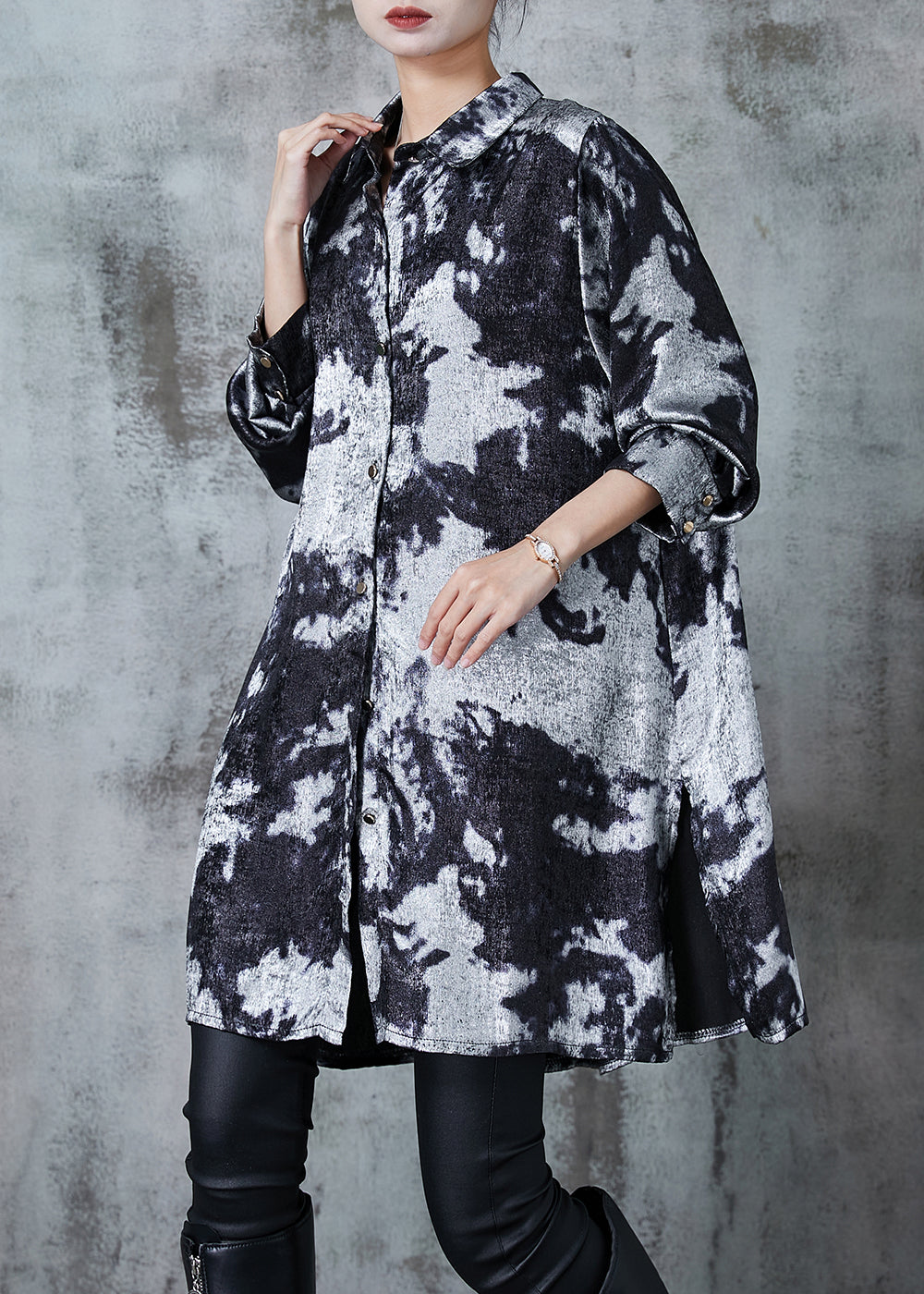 Chic Grey Oversized Tie Dye Silk Velour Shirt Dress Fall