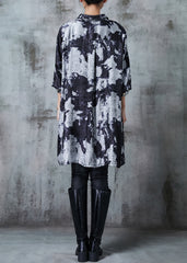 Chic Grey Oversized Tie Dye Silk Velour Shirt Dress Fall