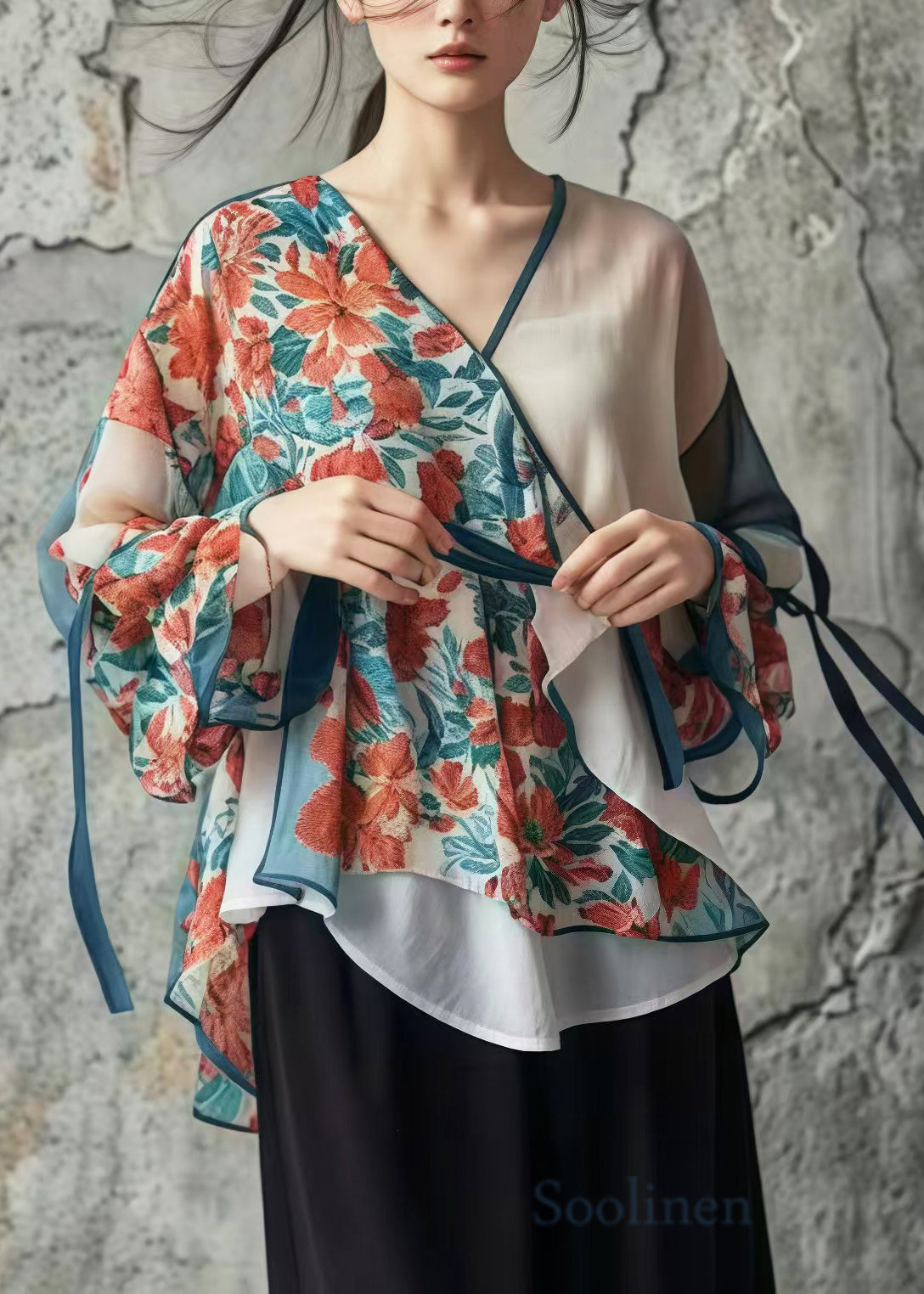 Chic Khaki Asymmetrical Print Chiffon Tops Summer