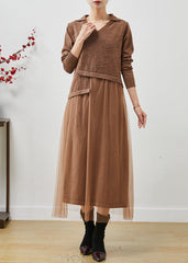 Chic Khaki Jacquard Patchwork Wool Tulle Dress Summer