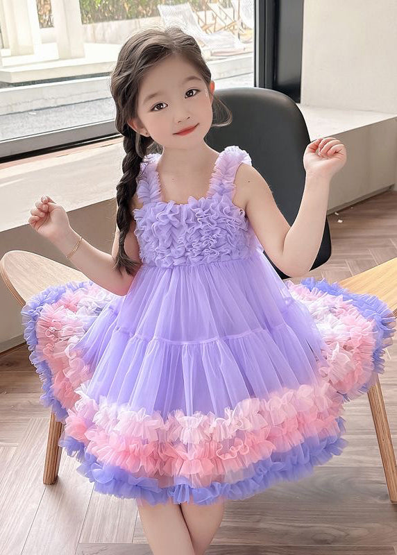 Chic Purple Patchwork Tulle Kids Long Dress Summer