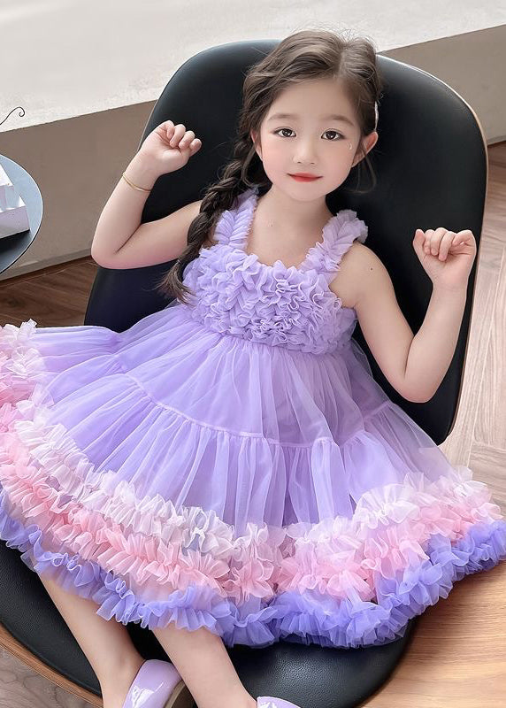 Chic Purple Patchwork Tulle Kids Long Dress Summer