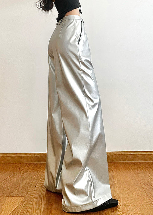 Chic Silver Pockets High Waist Wide Leg Pants Summer