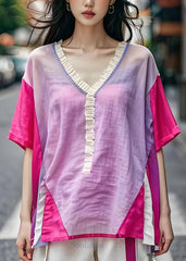 Chic V Neck Ruffled Patchwork Cotton Blouse Top Summer