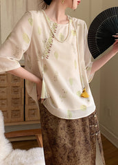 Chinese Style Apricot Print Tassel Chiffon Top Fall