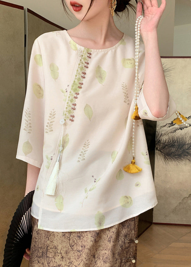 Chinese Style Apricot Print Tassel Chiffon Top Fall