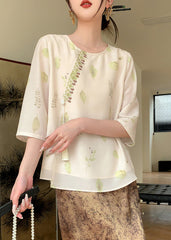 Chinese Style Apricot Print Tassel Chiffon Top Fall