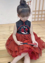 Chinese Style Black Stand Collar Embroideried Tulle Patchwork Kids Maxi Dress Summer