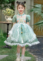 Chinese Style Green Stand Collar Embroideried Lace Patchwork Tulle Kids Long Dresses Short Sleeve