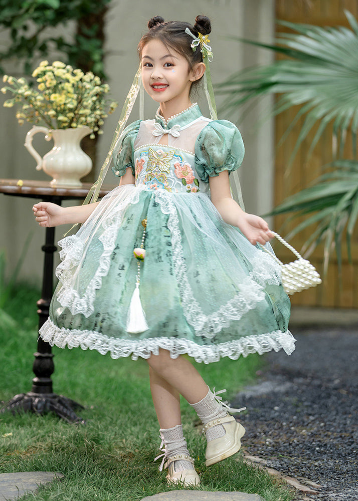 Chinese Style Green Stand Collar Embroideried Lace Patchwork Tulle Kids Long Dresses Short Sleeve