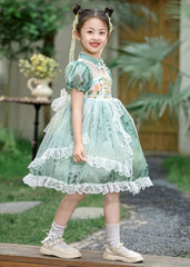 Chinese Style Green Stand Collar Embroideried Lace Patchwork Tulle Kids Long Dresses Short Sleeve