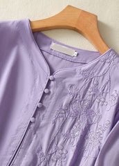 Chinese Style Light Purple Embroidered Tie Waist Cotton Dress Summer