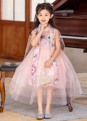 Chinese Style Pink Stand Collar Embroideried Tulle Girls Maxi Dresses Summer