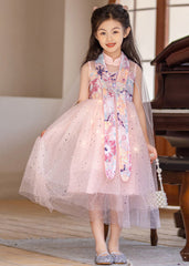 Chinese Style Pink Stand Collar Embroideried Tulle Girls Maxi Dresses Summer