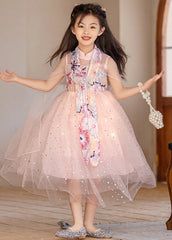 Chinese Style Pink Stand Collar Embroideried Tulle Girls Maxi Dresses Summer