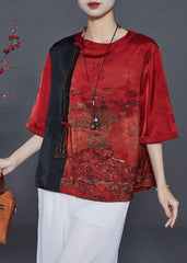 Chinese Style Red Tasseled Patchwork Silk Shirt Top Summer