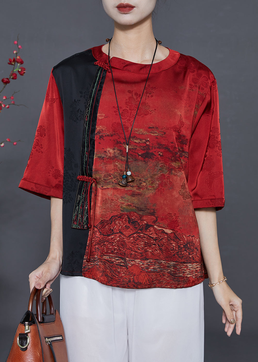 Chinese Style Red Tasseled Patchwork Silk Shirt Top Summer