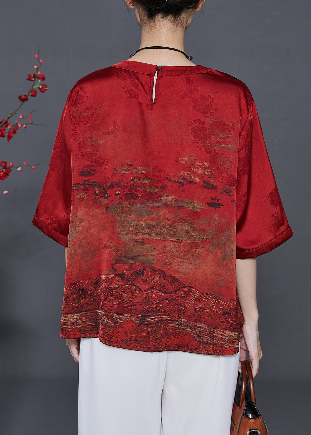 Chinese Style Red Tasseled Patchwork Silk Shirt Top Summer