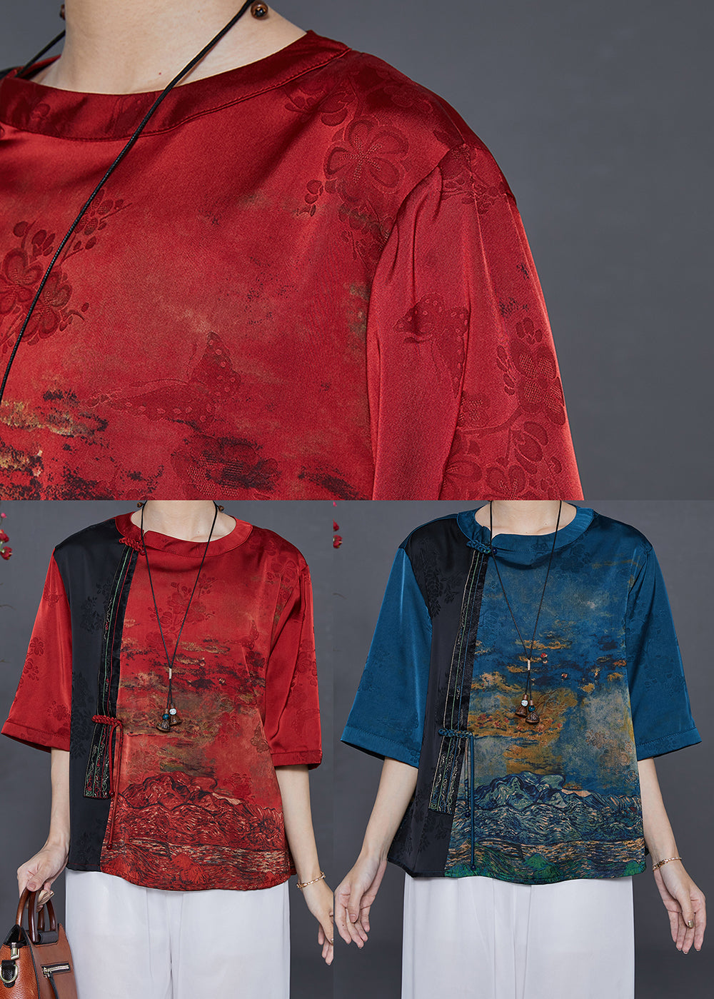 Chinese Style Red Tasseled Patchwork Silk Shirt Top Summer