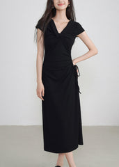 Classy Black V Neck Cinched Maxi Dresses Short Sleeve