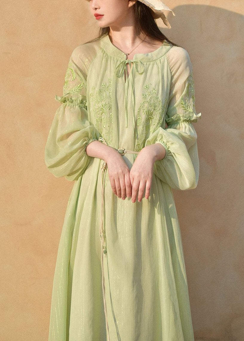 Classy Green Embroidered Lace Up Chiffon Long Dresses Long Sleeve