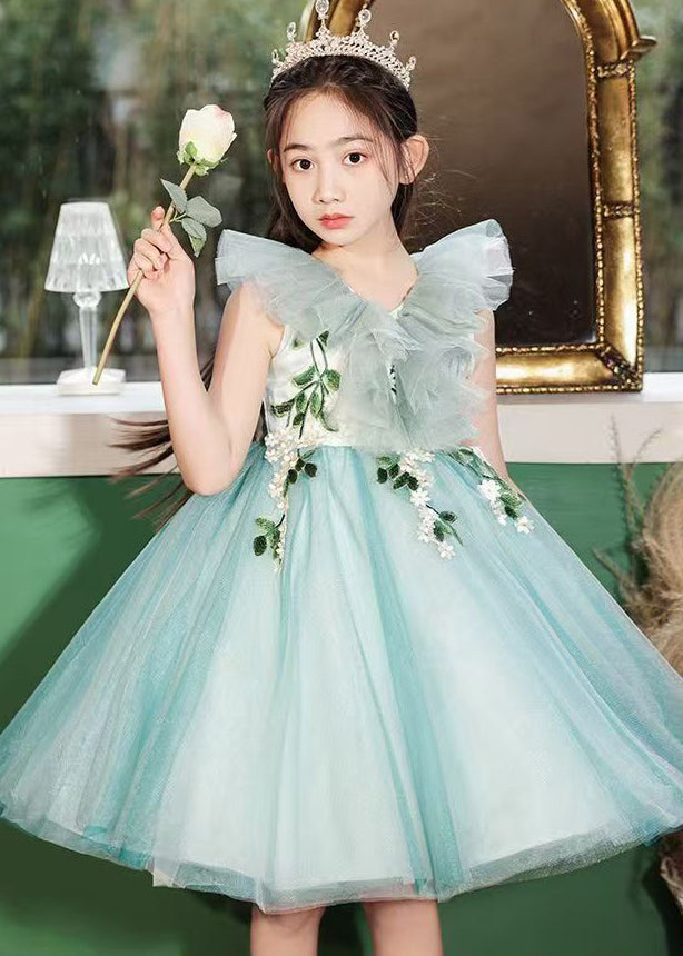 Classy Green V Neck Embroideried Girls Long Dress Sleeveless