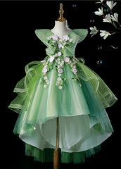 Classy Green V Neck Floral Low High Design Tulle Girls Long Dresses Summer