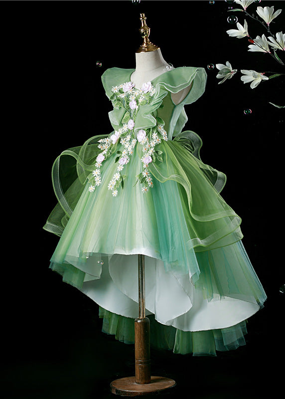 Classy Green V Neck Floral Low High Design Tulle Girls Long Dresses Summer