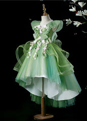 Classy Green V Neck Floral Low High Design Tulle Girls Long Dresses Summer