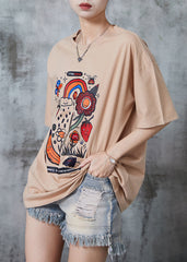 Classy Khaki Oversized Print Cotton Tops Summer