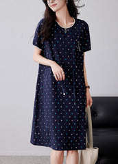 Classy Navy Print Drawstring Cotton Dresses Summer