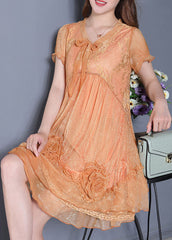 Classy Orange Floral Silk Holiday Dress Summer