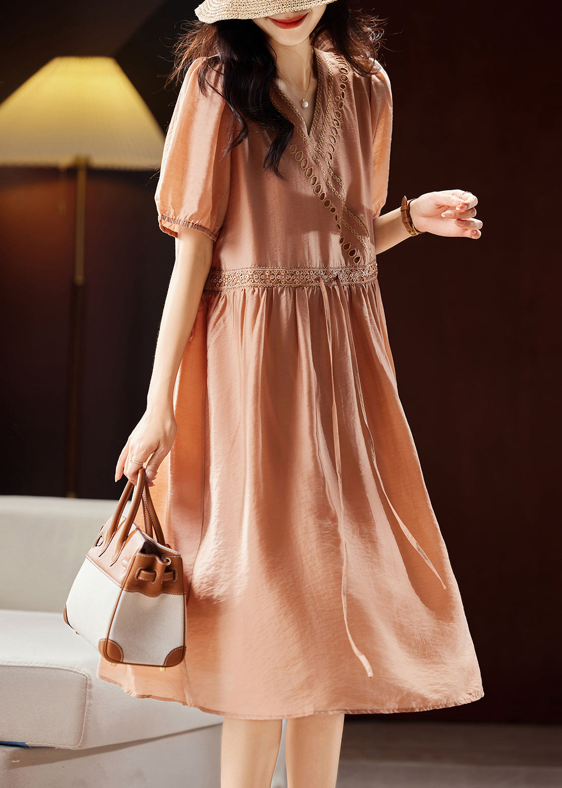 Classy Orange V Neck Hollow Out Patchwork Tie Waist Silk Long Dresses Short Sleeve