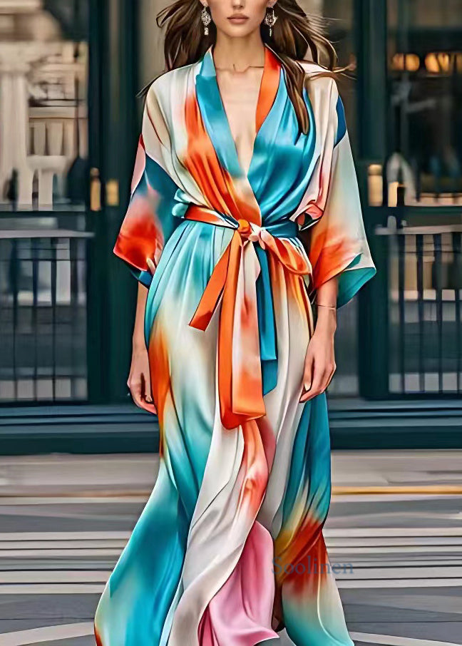 Classy Rainbow Tie Waist Silk Party Long Dress Fall