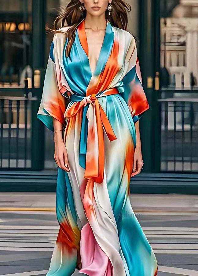 Classy Rainbow Tie Waist Silk Party Long Dress Fall