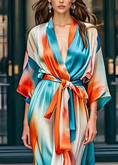 Classy Rainbow Tie Waist Silk Party Long Dress Fall