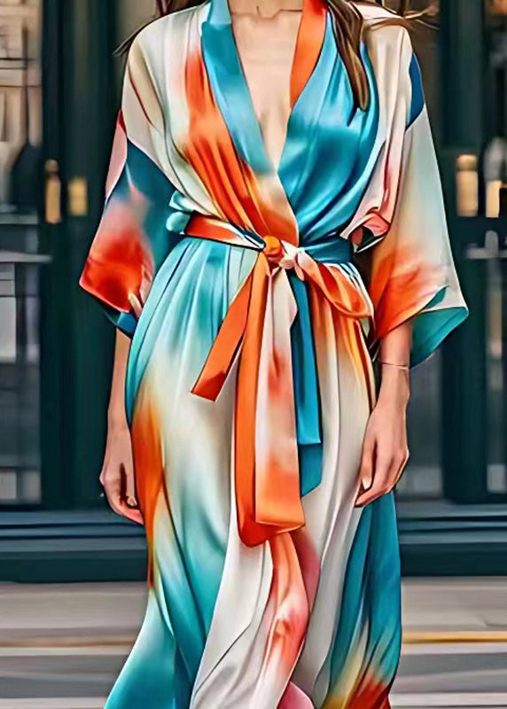 Classy Rainbow Tie Waist Silk Party Long Dress Fall