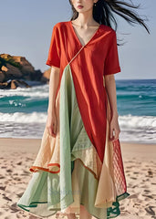 Classy V Neck Asymmetrical Design Patchwork Cotton Dresses Summer