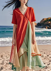 Classy V Neck Asymmetrical Design Patchwork Cotton Dresses Summer